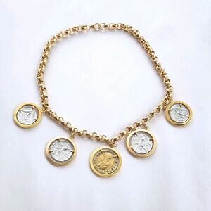 Bellezza Charm necklace ITALY 14KT Gold Plated Coin Two Tone Vintage Signed